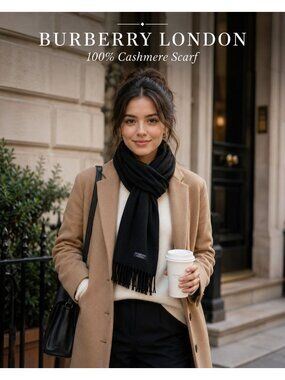 Burberry London 100% Cashmere Rectangle Scarf Black Fringe Made In England
